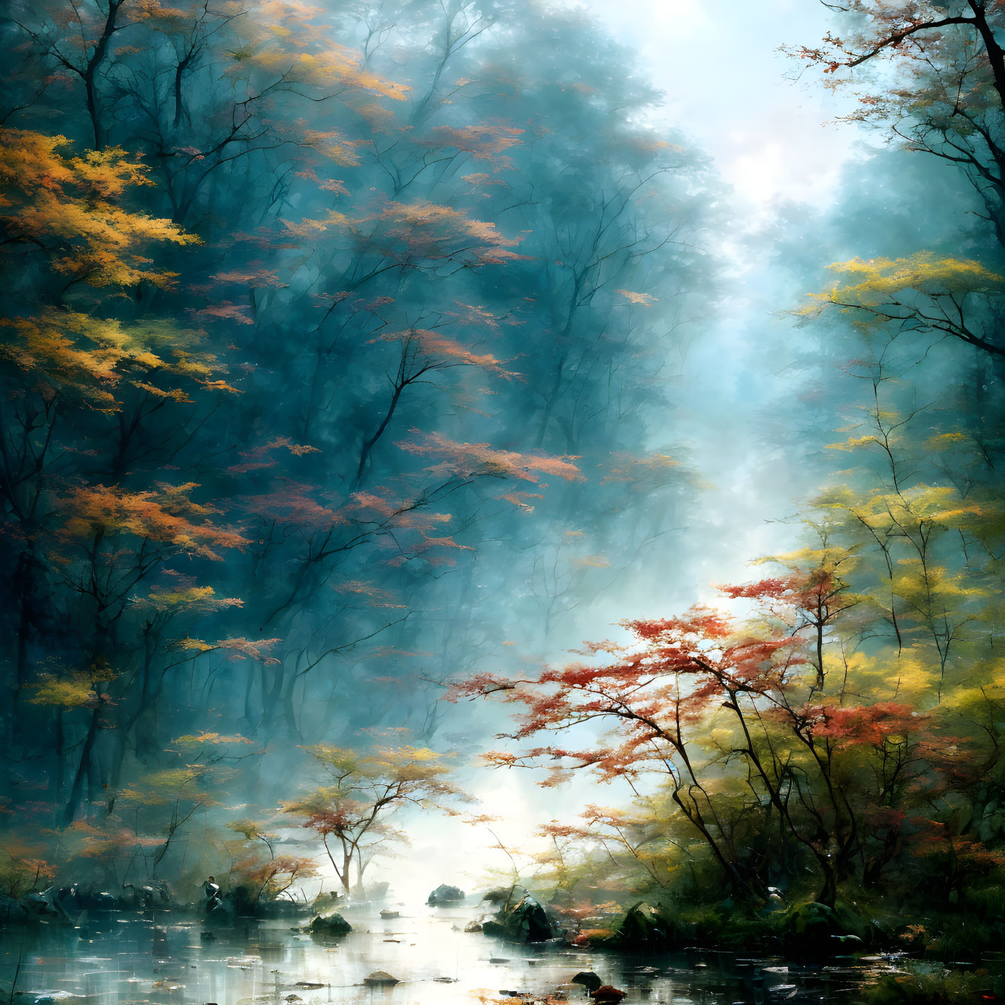 Misty forest with river, ethereal light, autumn colors