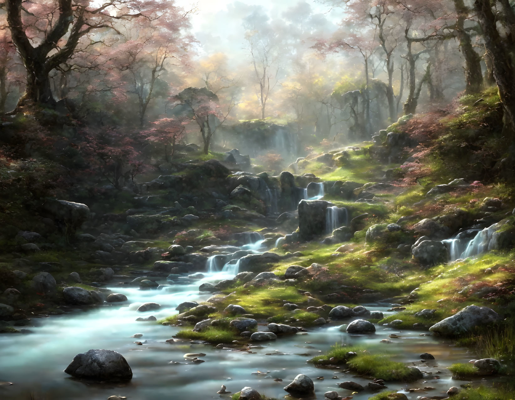 Tranquil woodland landscape with misty stream and blossoming trees