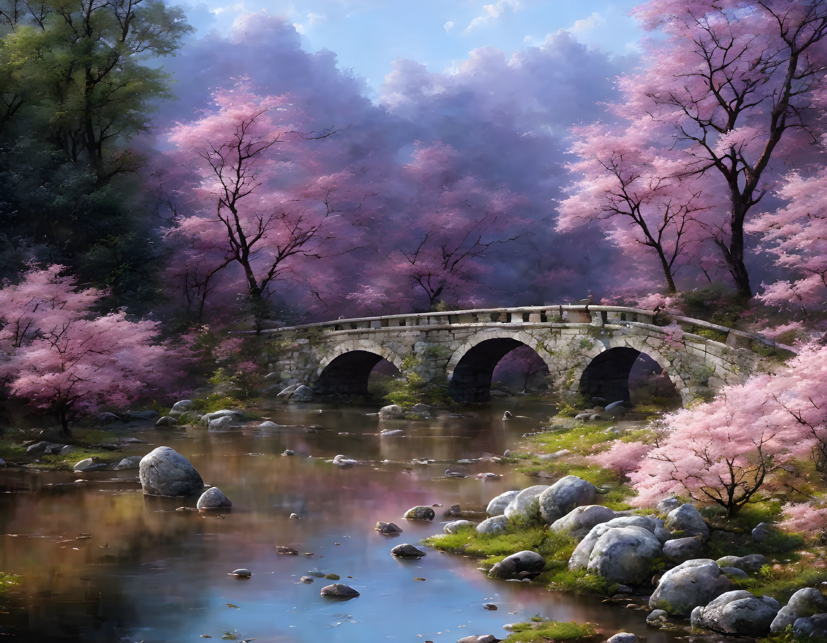 Serene old stone bridge over gentle stream with pink cherry blossoms