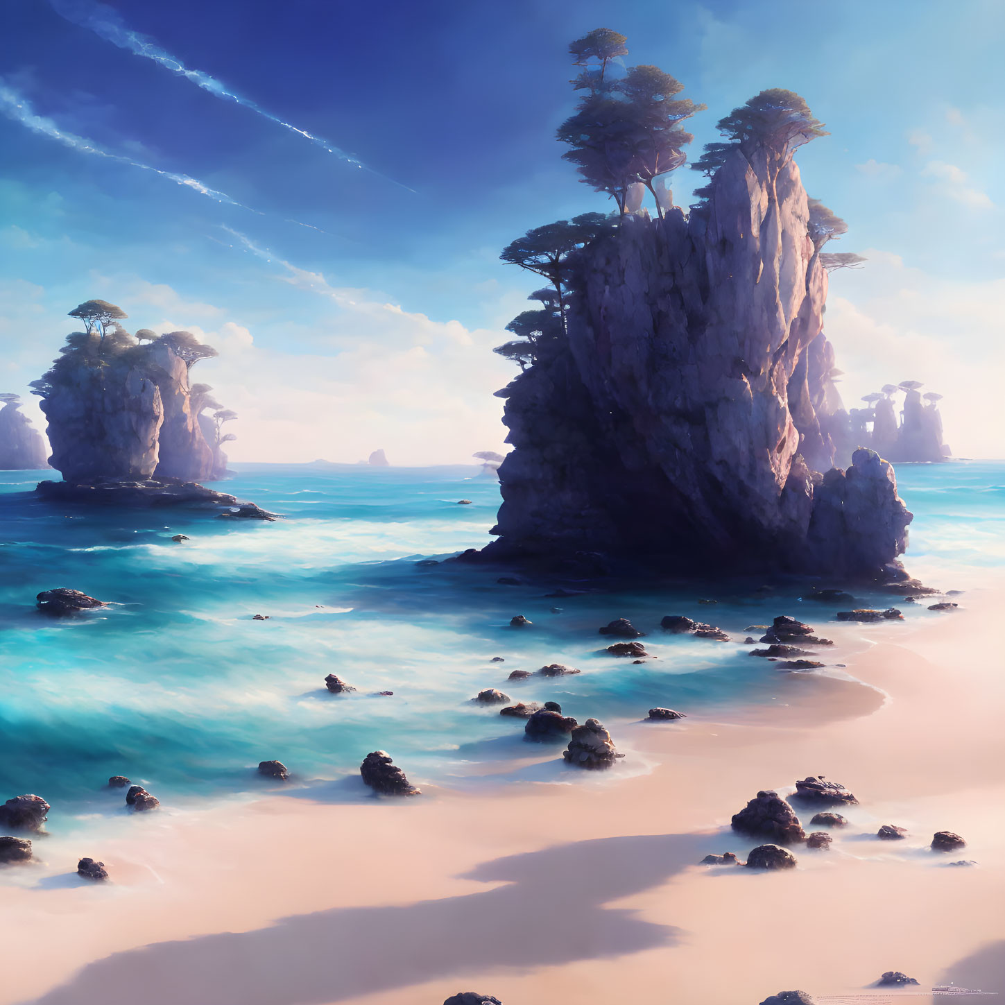 Tranquil beach scene with towering rock formations and turquoise sea