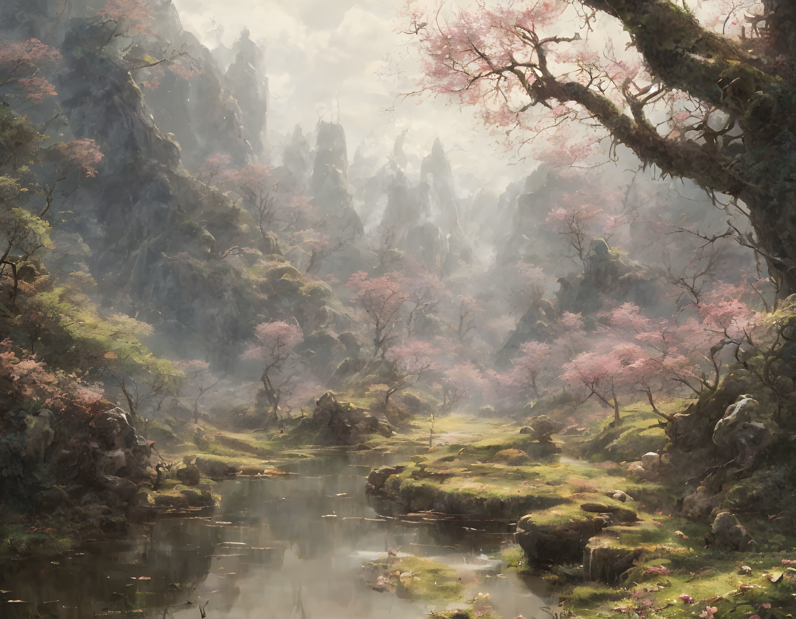 Tranquil landscape: stream, pink flora, misty mountains