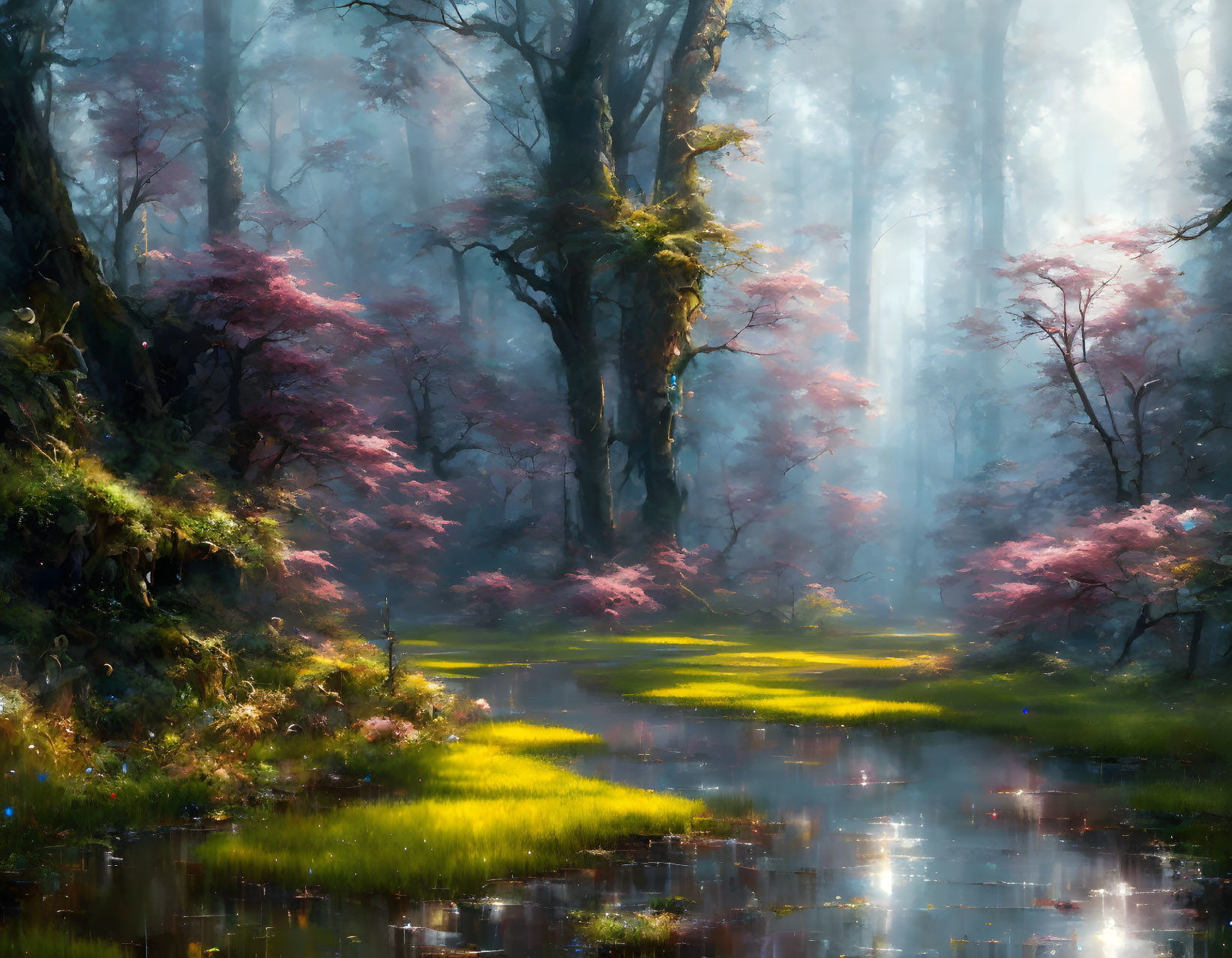 Tranquil forest landscape with pink blossoms and reflective water