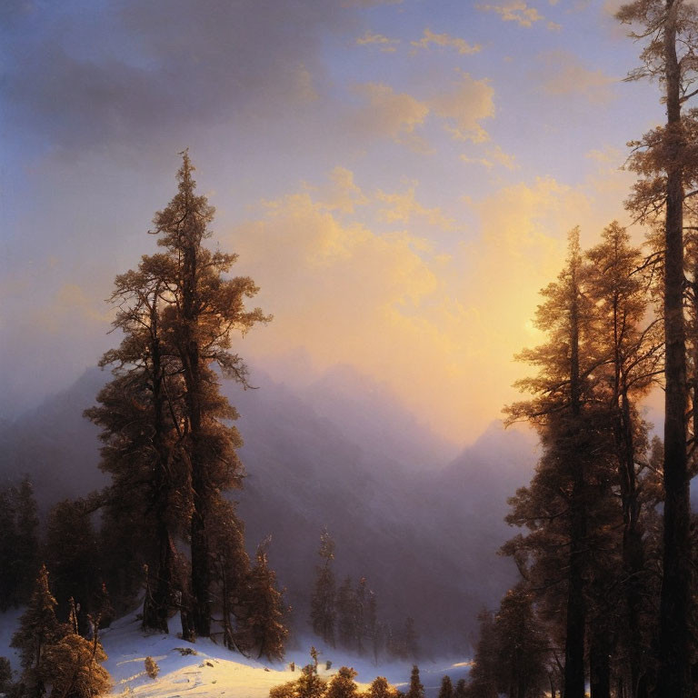 Snowy Slope with Tall Pine Trees and Misty Mountain Peaks