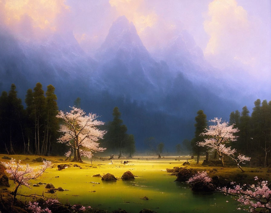 Serene Cherry Blossom Lake Amid Misty Mountains