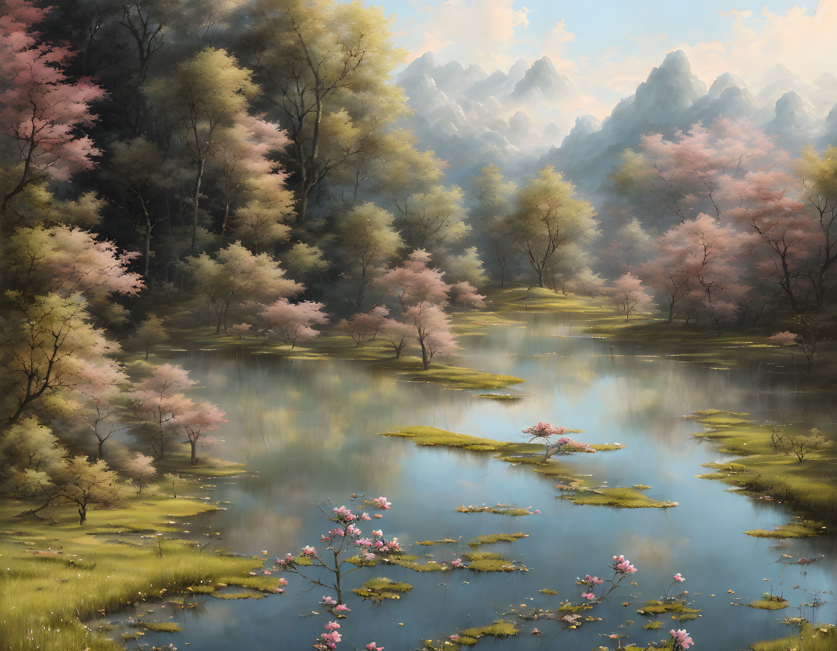 Serene Cherry Blossom Landscape with Streams and Mountains