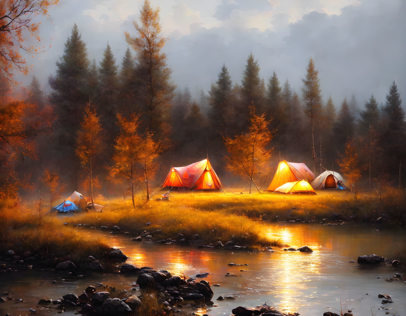 River campsite in autumn forest with glowing tents at dusk