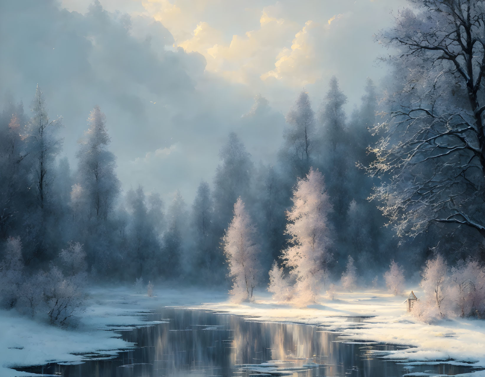 Snowy Trees Reflected in Calm River at Sunrise