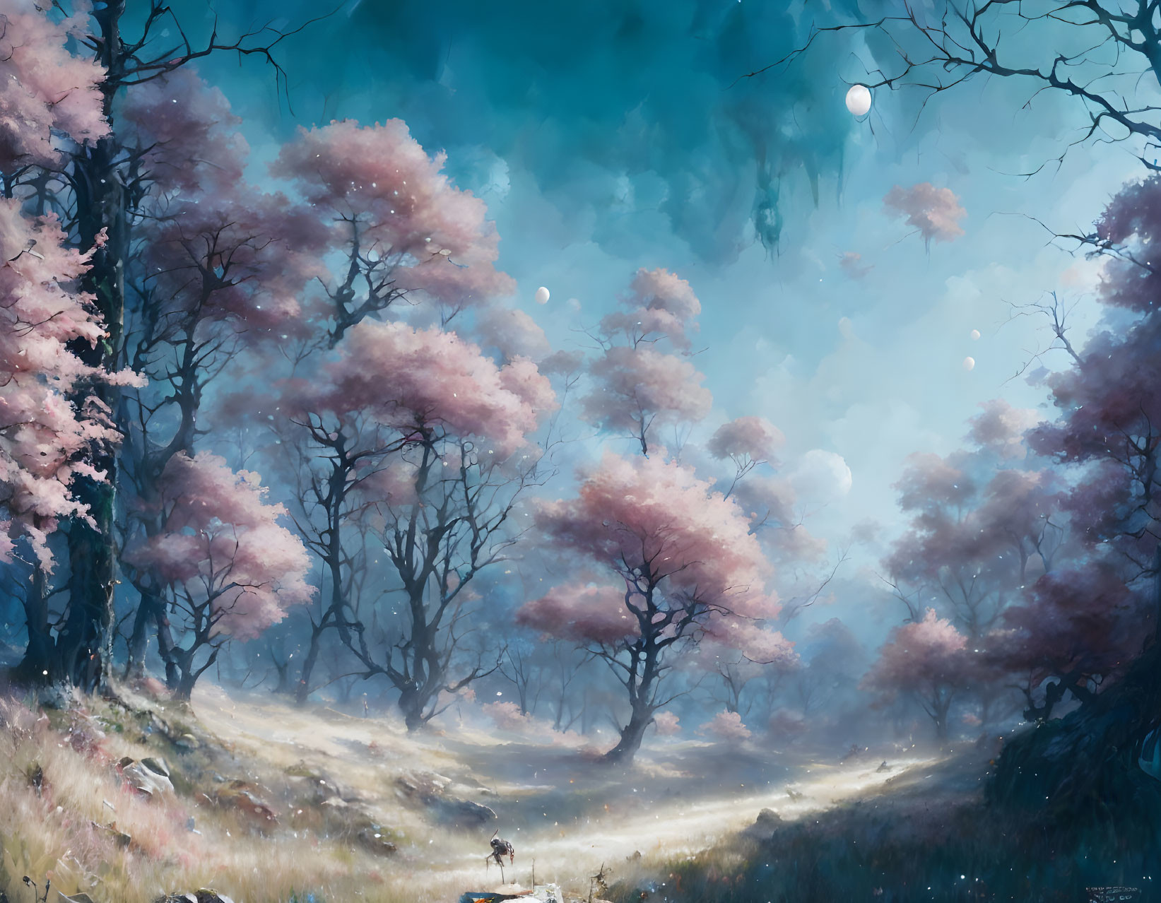 Tranquil forest scene with pink blossoming trees and solitary figure