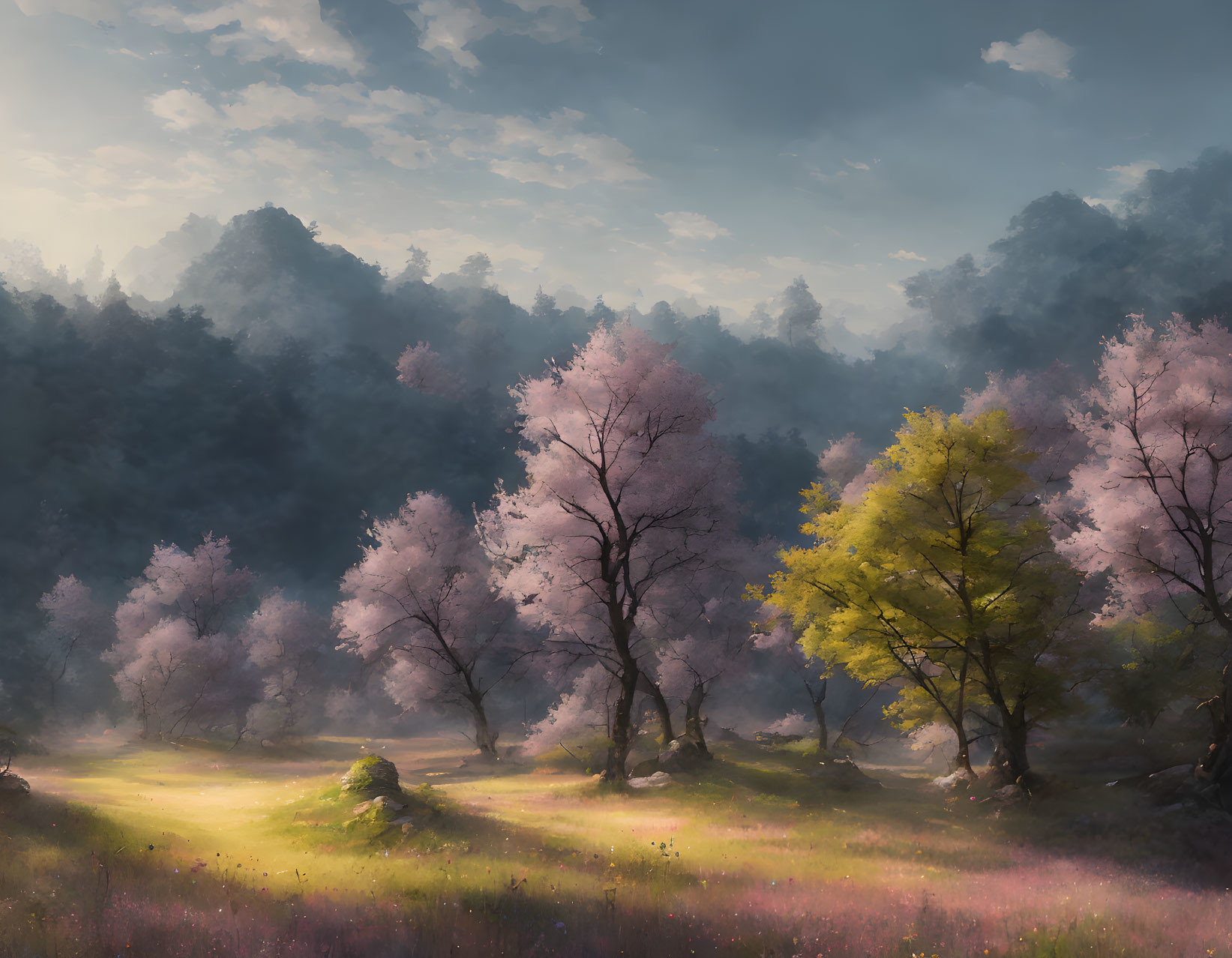 Tranquil landscape with pink blossoming trees, meadow flowers, and sunlit forest