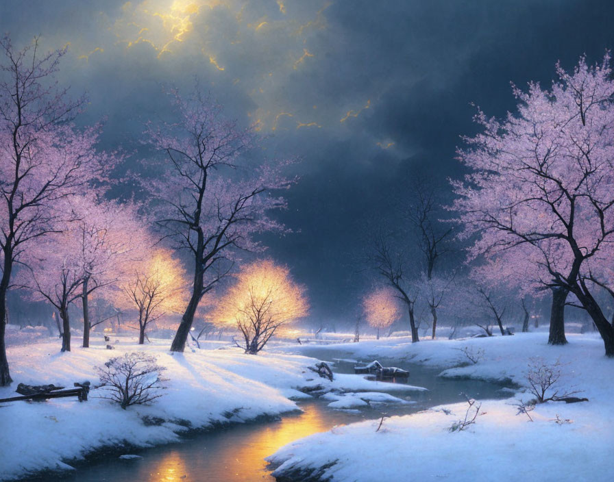 Winter Cherry Blossom Trees Along Creek in Snowy Landscape