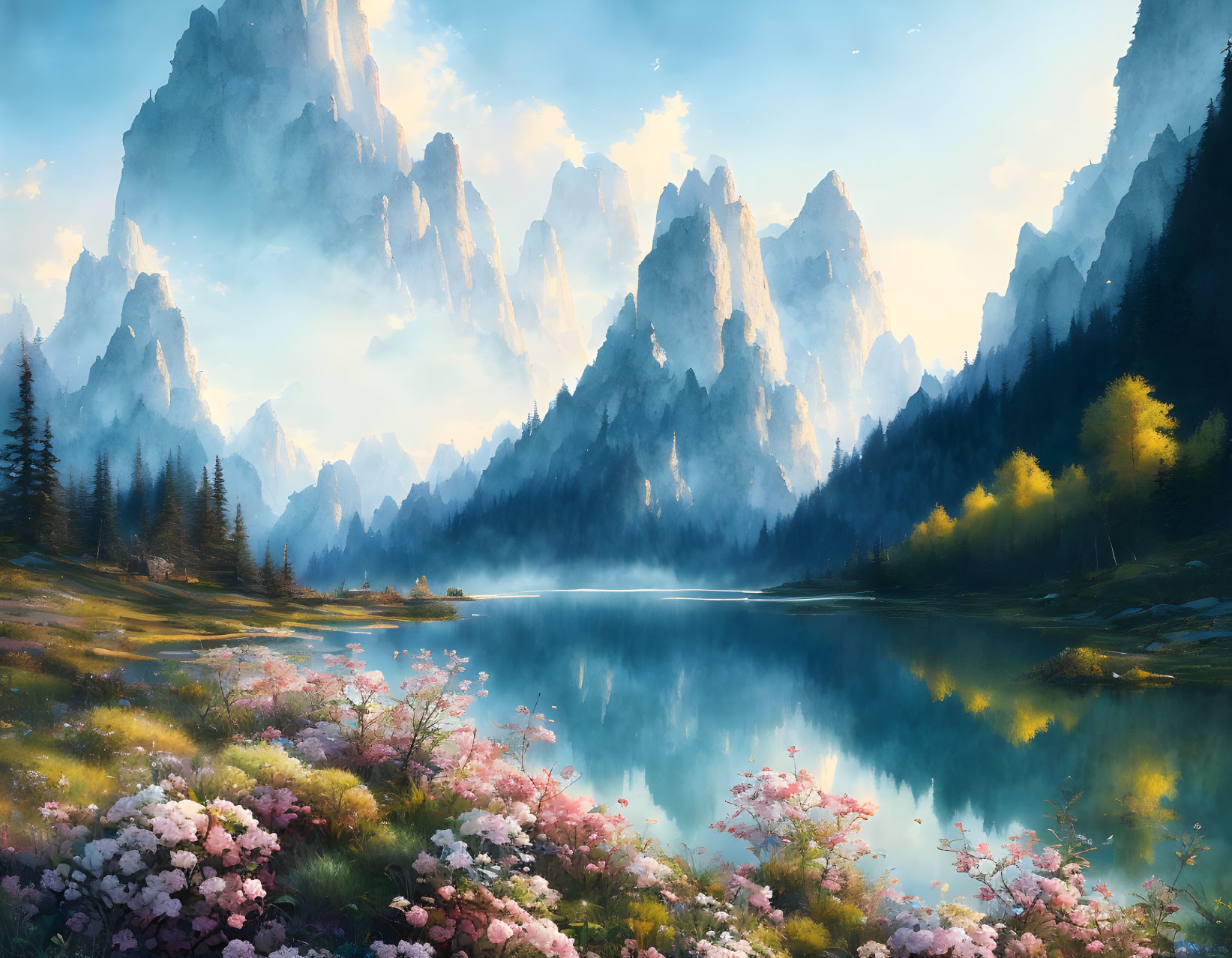 Tranquil lake with colorful flora, misty mountains