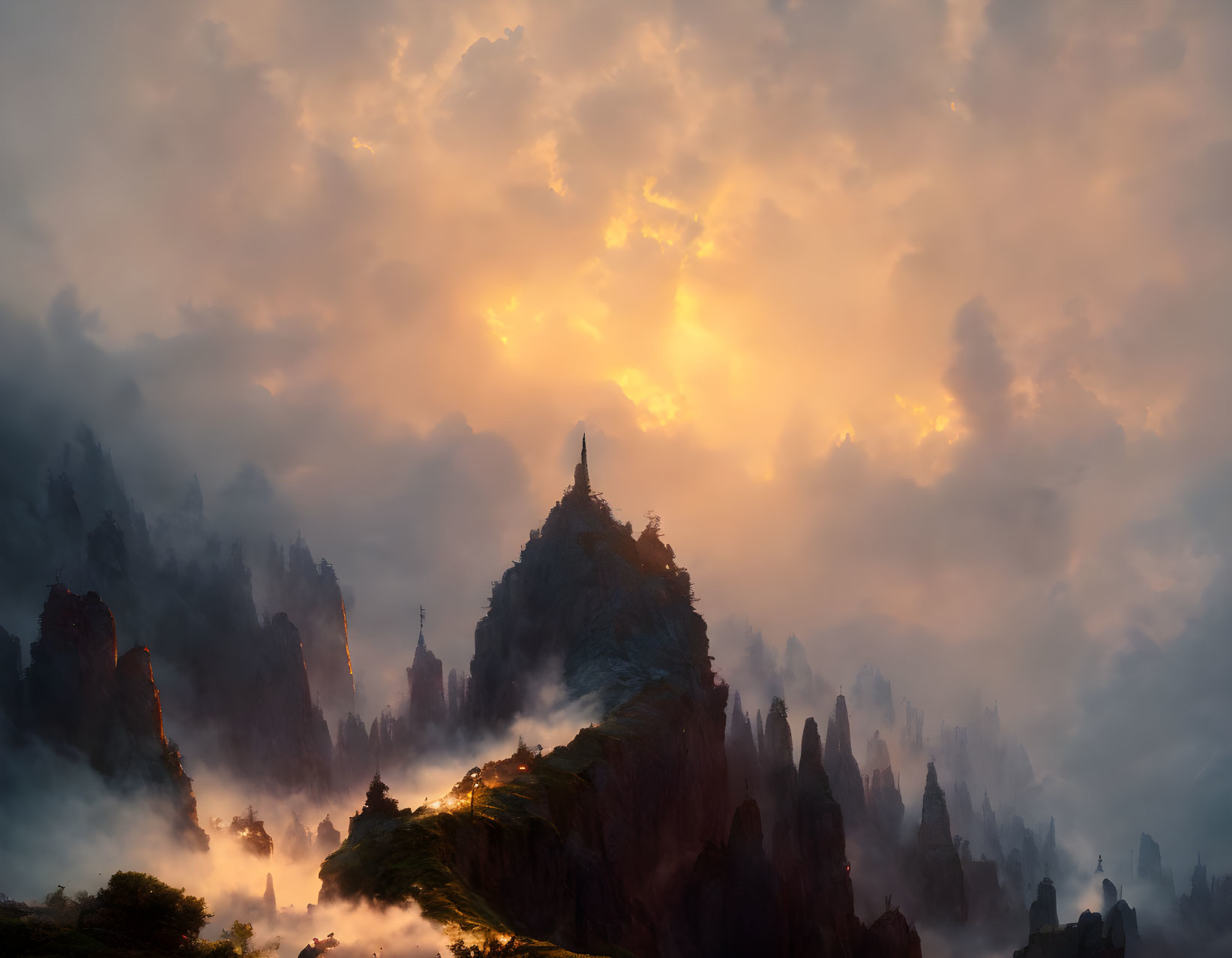 Majestic landscape with jagged peaks in mist under dramatic sky