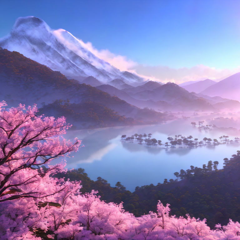 Cherry blossoms, lake, and misty mountains at dawn