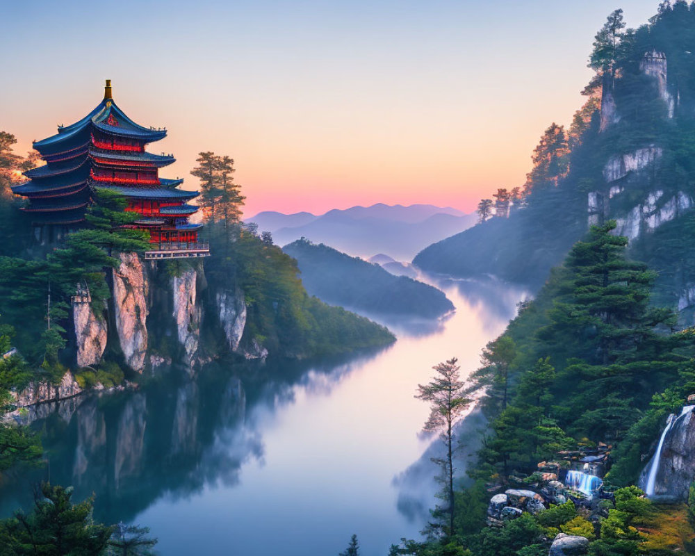 Traditional pagoda on cliff by tranquil river and forested hills at sunrise