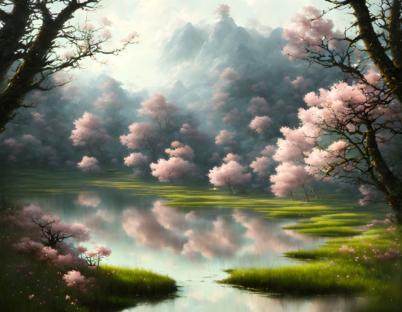 Serene Cherry Blossoms by Reflective Lake and Mountains