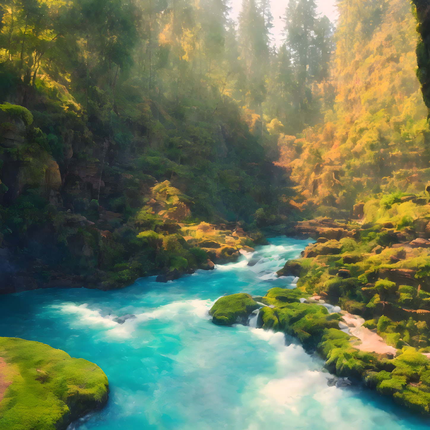 Tranquil River in Forested Canyon with Turquoise Water