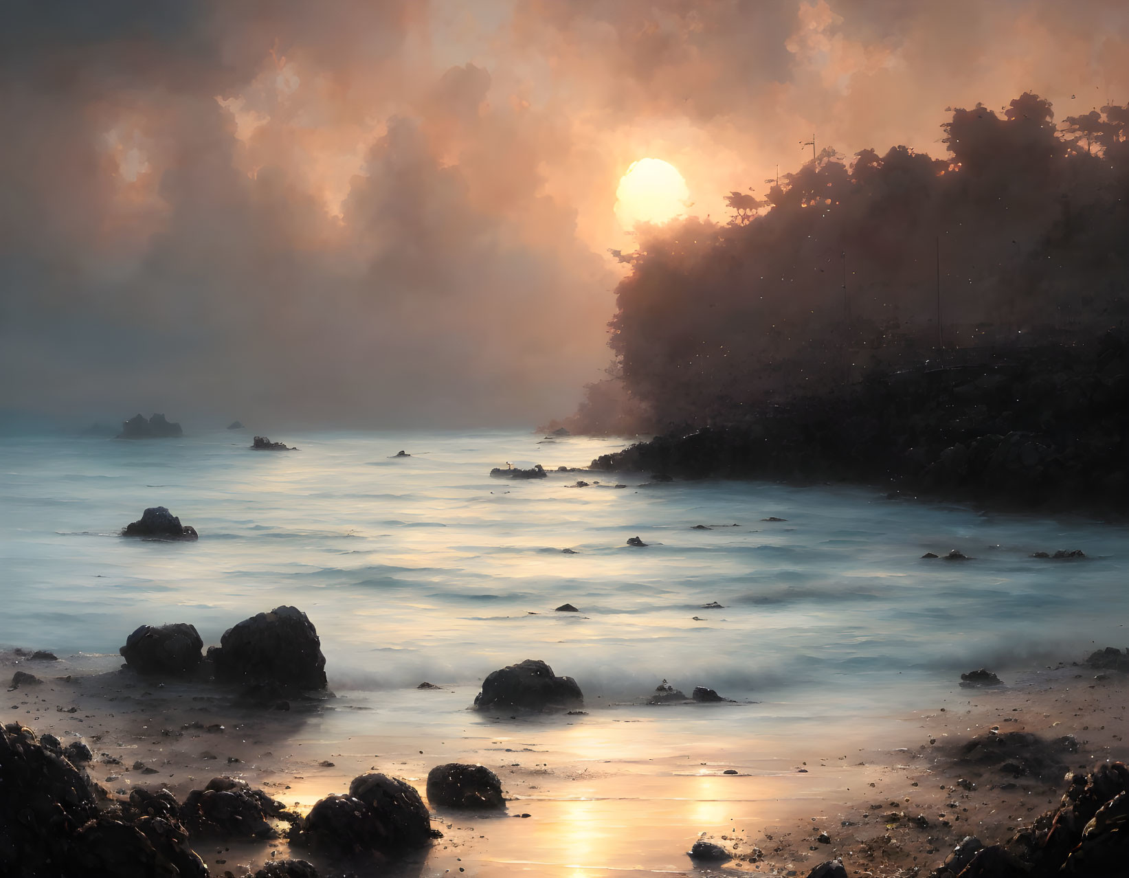 Tranquil coastal sunrise with mist, gentle waves, and rocks