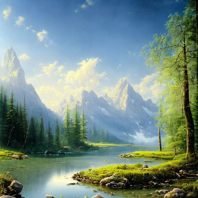 Tranquil landscape: Clear river, lush forest, majestic mountains