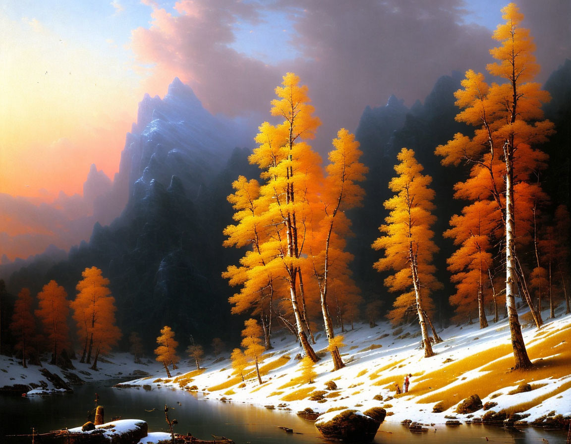 Golden larches, snowy ground, river, mountain, and dusky sky in autumnal scene