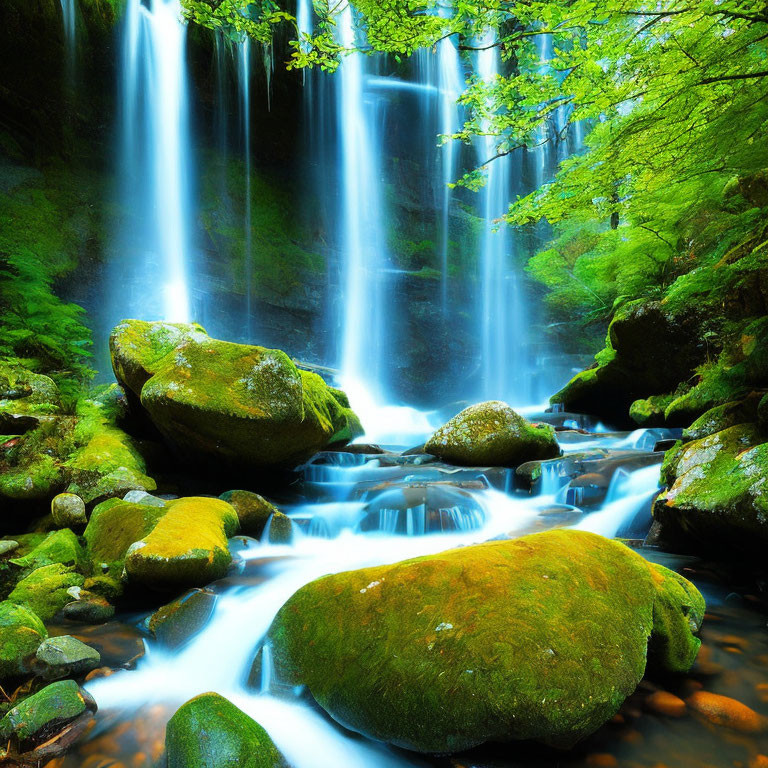 Tranquil forest scene with waterfall and moss-covered stones