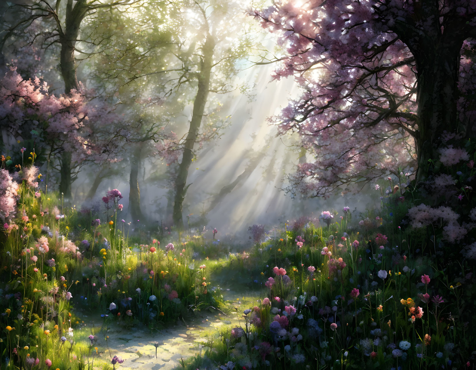 Forest with blooming cherry trees and wildflowers under sunbeams