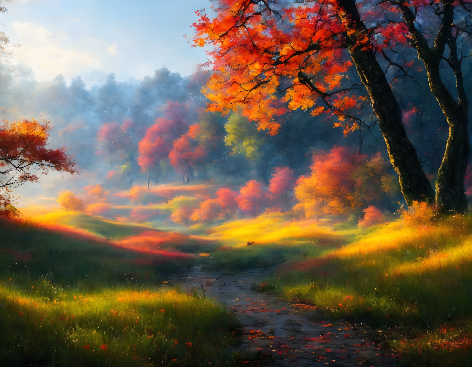 Vibrant Red and Orange Autumn Landscape with Winding Path