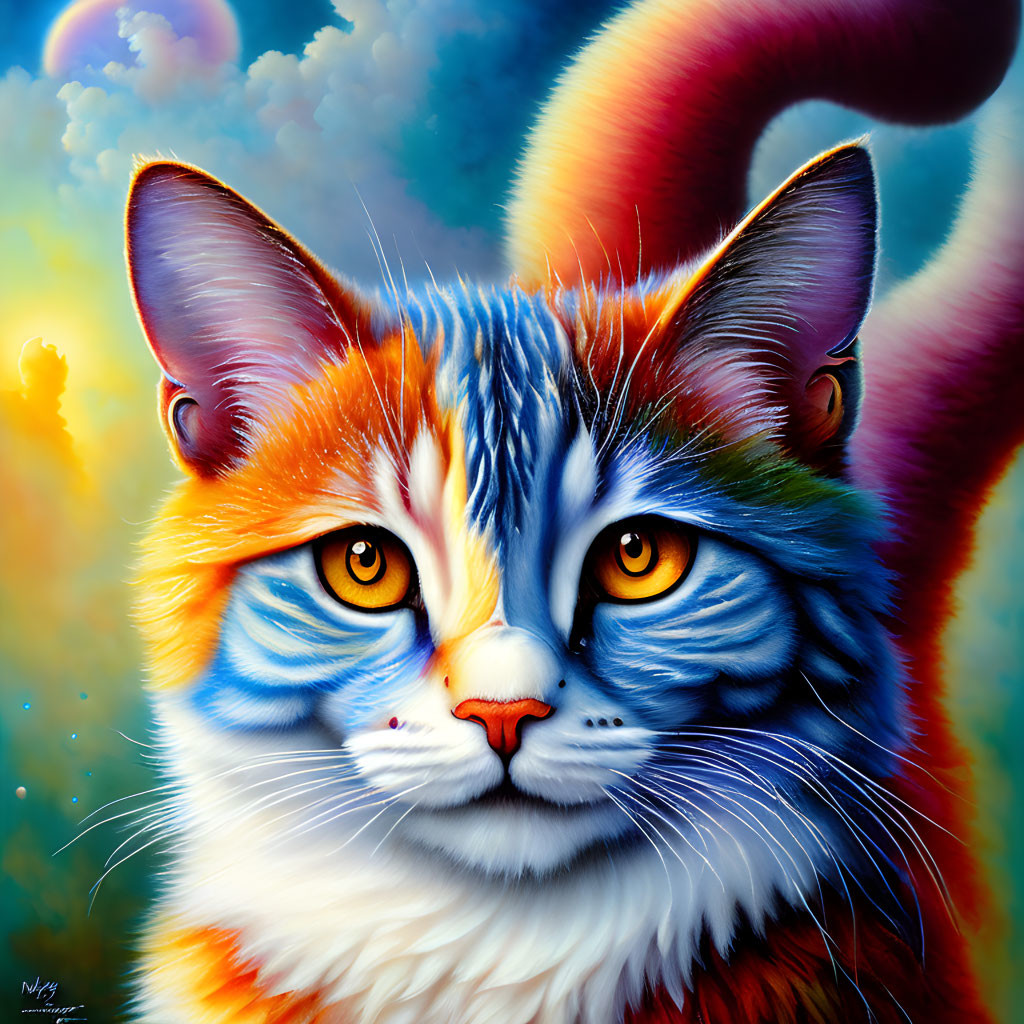 Whimsical cat painting with colorful fur and expressive eyes