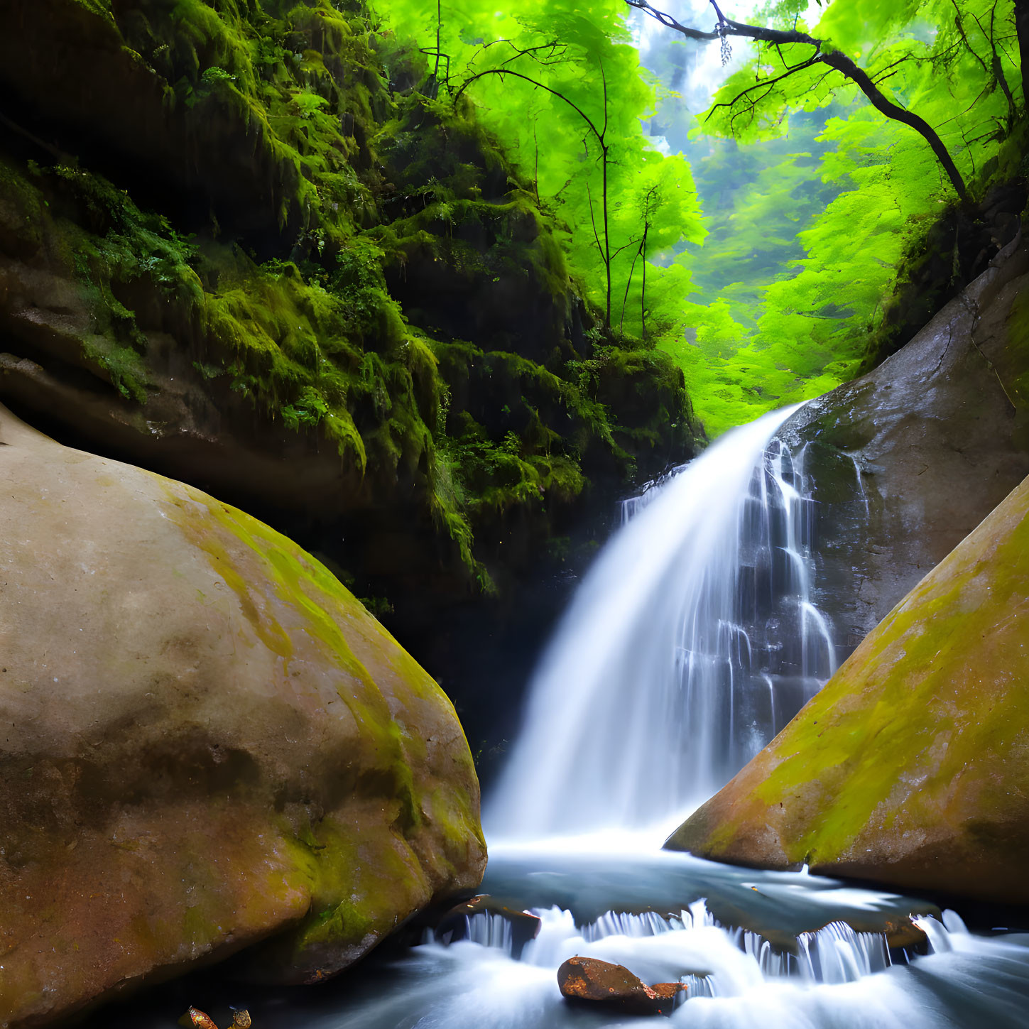 Tranquil Waterfall Flowing Through Moss-Covered Forest