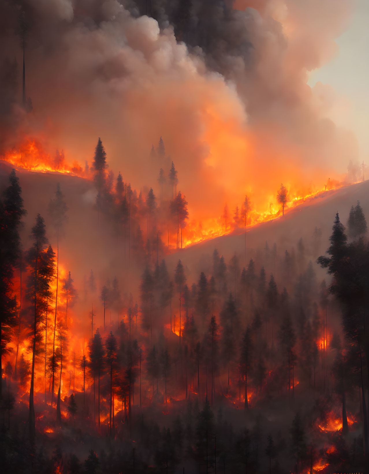 Forest Hillside Consumed by Towering Wildfire