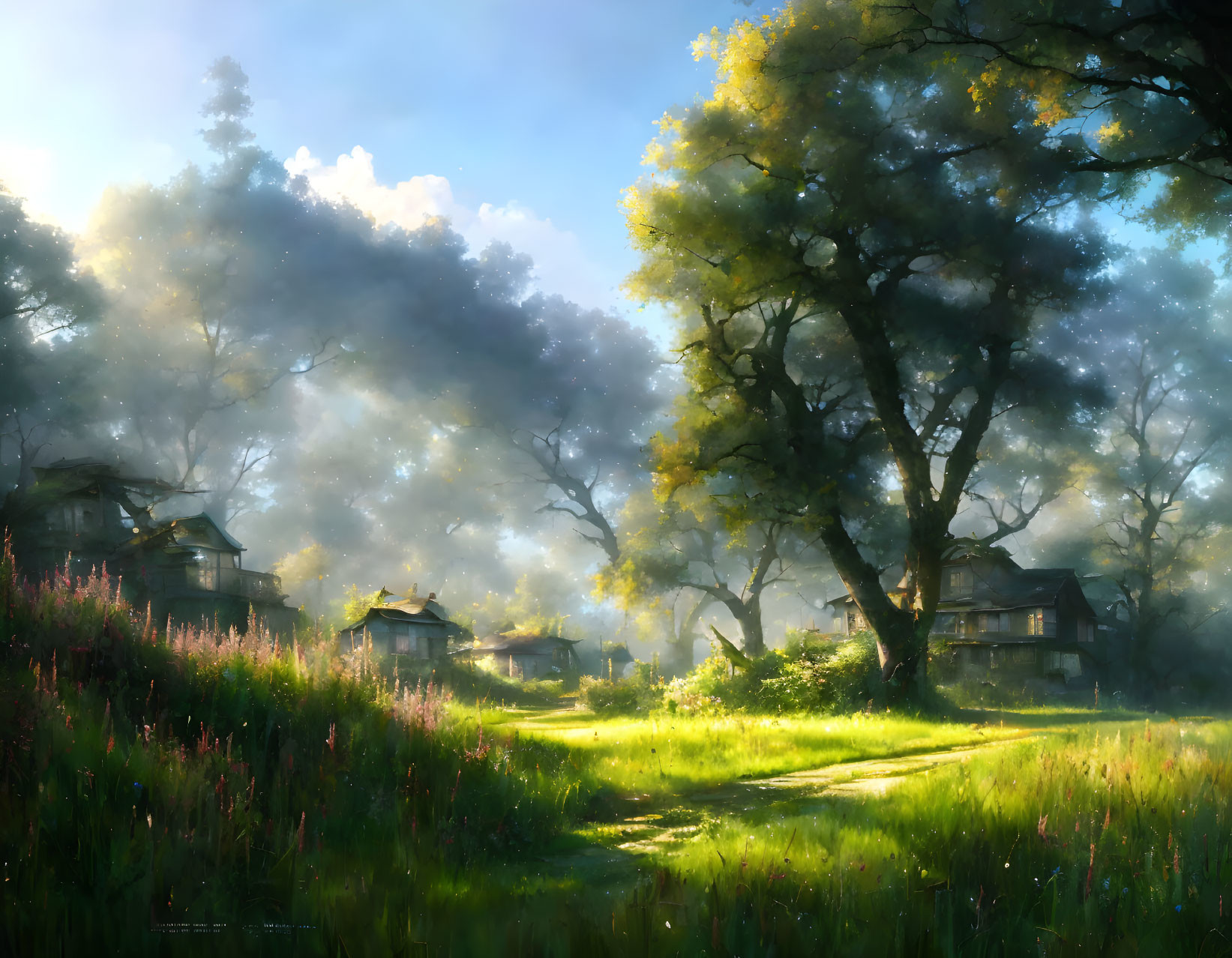 Tranquil landscape with traditional houses and lush trees in soft sunlight