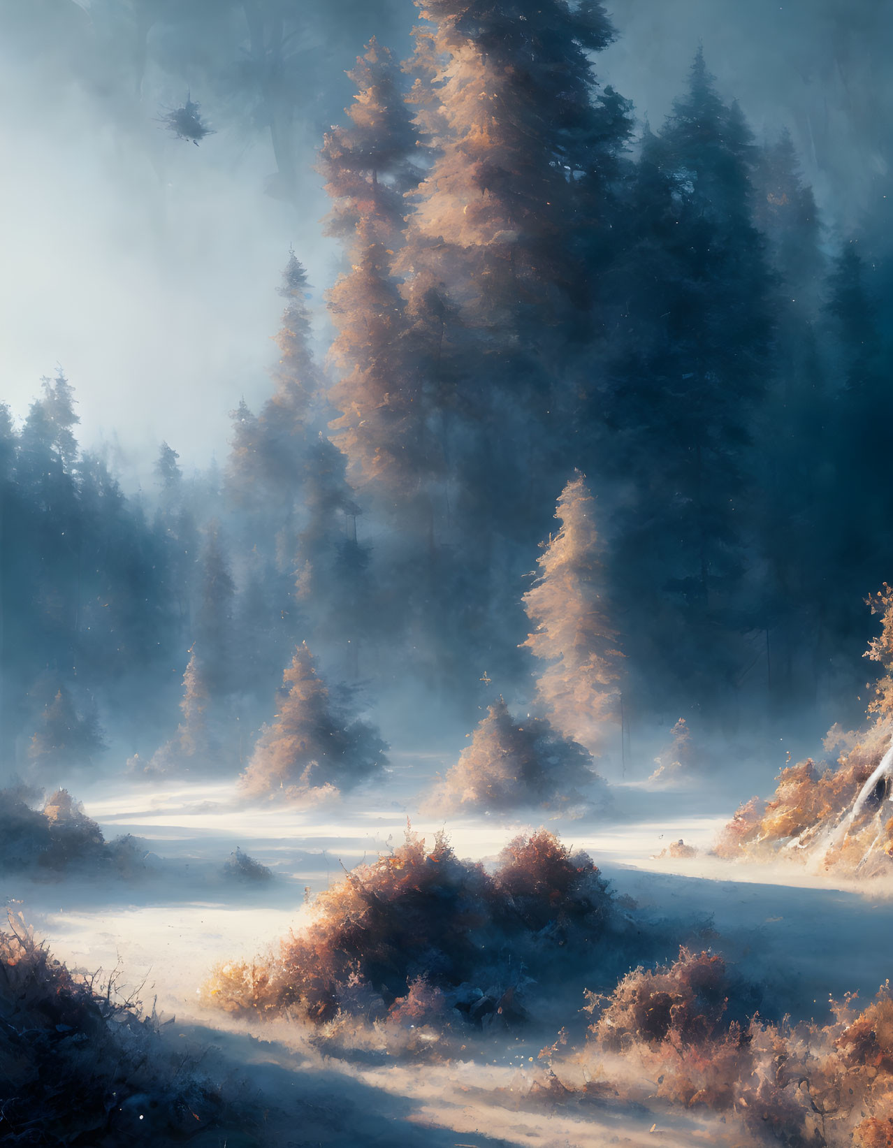 Sunlit pine trees in misty forest scene