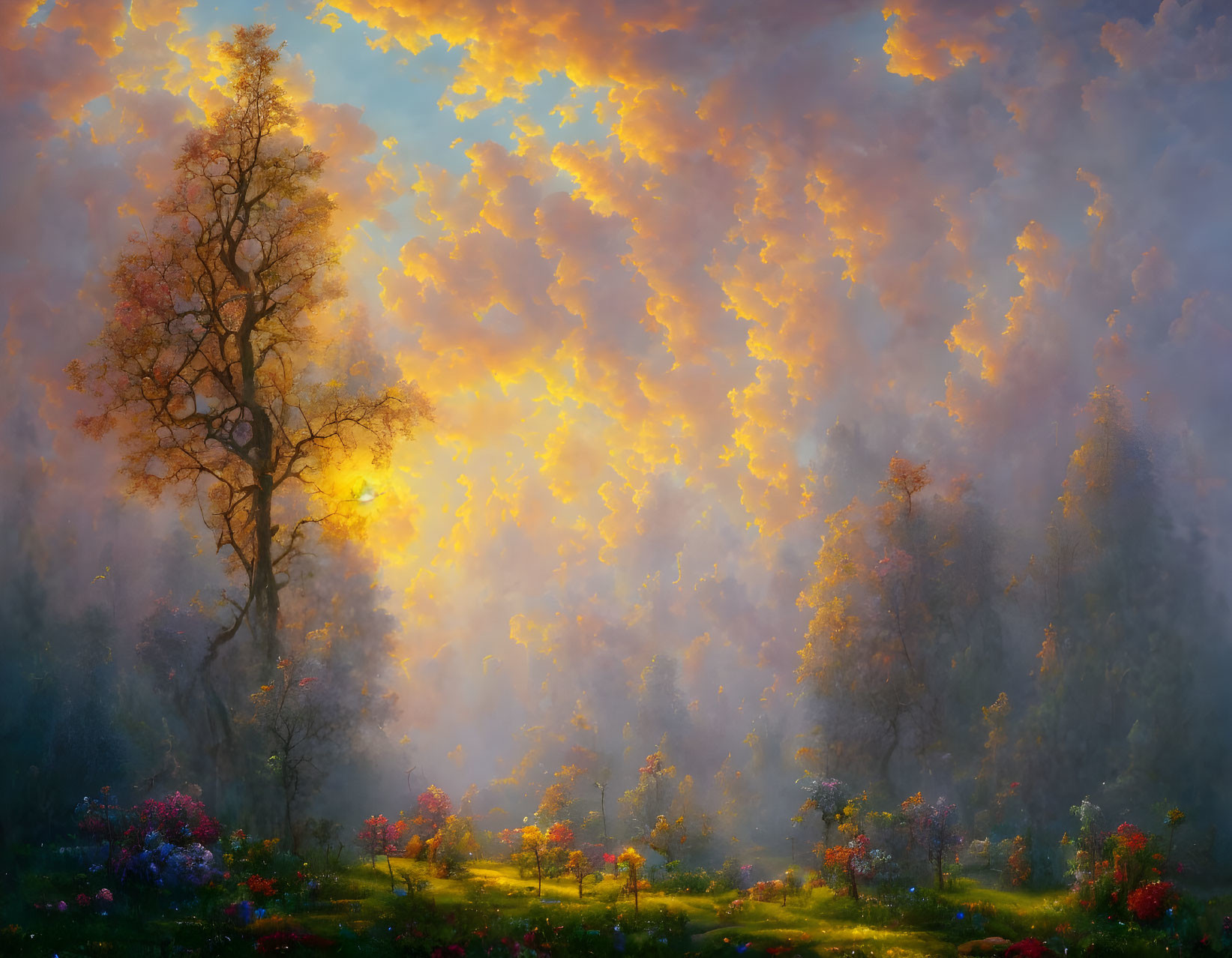 Tranquil landscape painting with vivid sunset sky, solitary tree, and colorful flower field