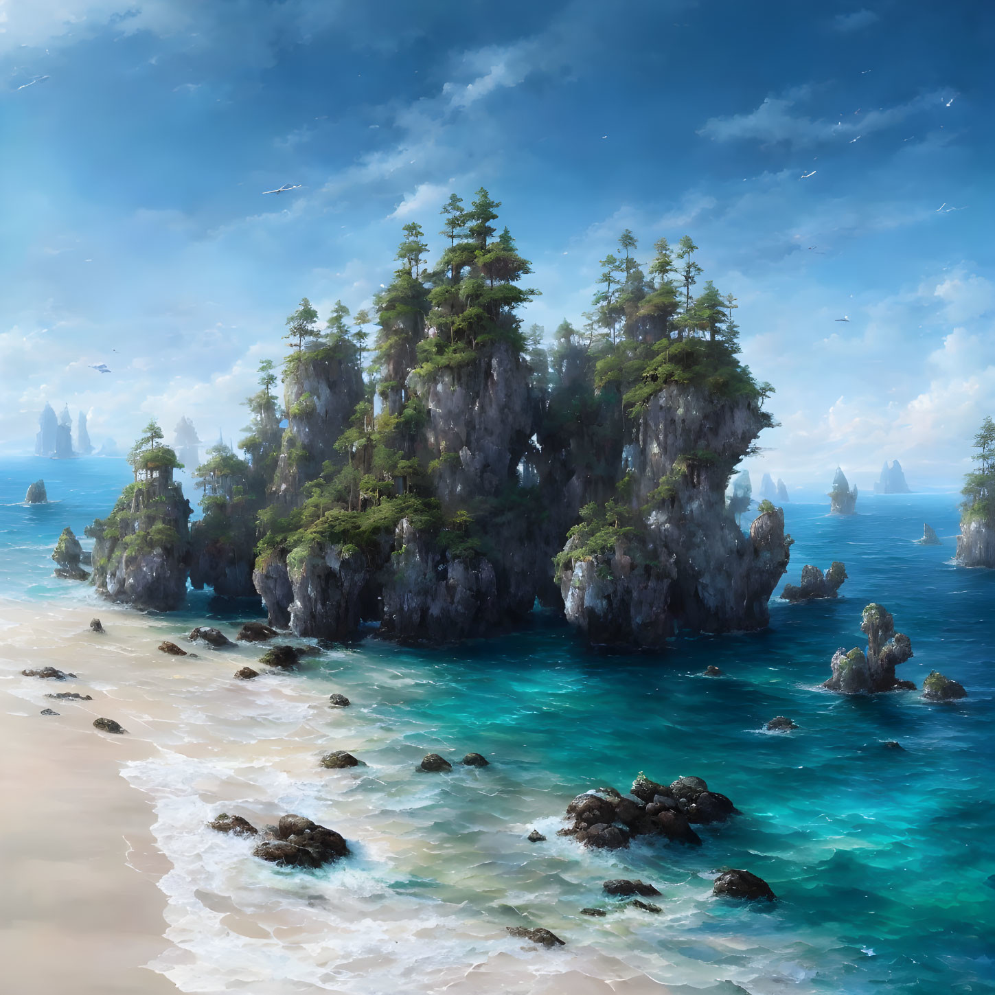 Tranquil digital painting of rocky islands in clear blue ocean