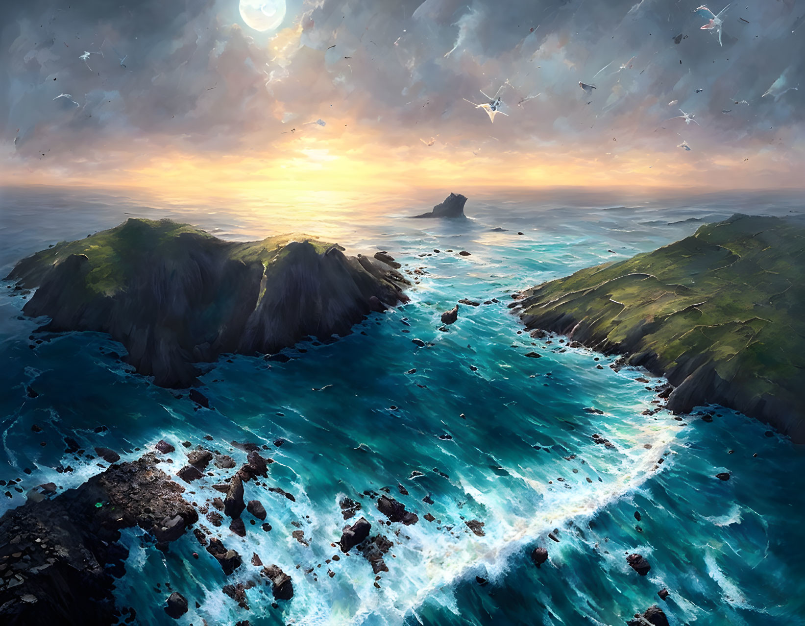 Seascape painting of turbulent ocean waves under starry sky