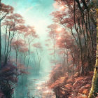 Tranquil forest scene with mist, red foliage trees, serene river