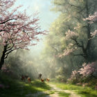 Tranquil Forest Path with Pink Cherry Blossoms and Sunbeams