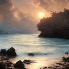 Tranquil coastal sunrise with mist, gentle waves, and rocks