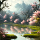 Serene Cherry Blossoms by Reflective Lake and Mountains