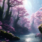 Tranquil forest with stream, tall trees, and pink blossoms