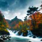 Autumn foliage surrounds serene waterfall under overcast sky