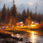 River campsite in autumn forest with glowing tents at dusk