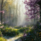 Forest with blooming cherry trees and wildflowers under sunbeams