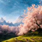 Tranquil Landscape with Cherry Trees, Rocks, and Misty Mountains