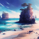 Tranquil beach scene with towering rock formations and turquoise sea