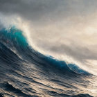 Majestic ocean wave under sunlight with mist and dramatic sky