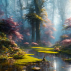 Tranquil forest landscape with pink blossoms and reflective water