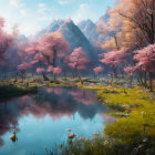 Tranquil Pond with Pink Trees and Sunlight