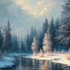 Snowy Trees Reflected in Calm River at Sunrise