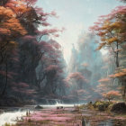 Pink Foliage and Serene River in Mystical Forest Landscape