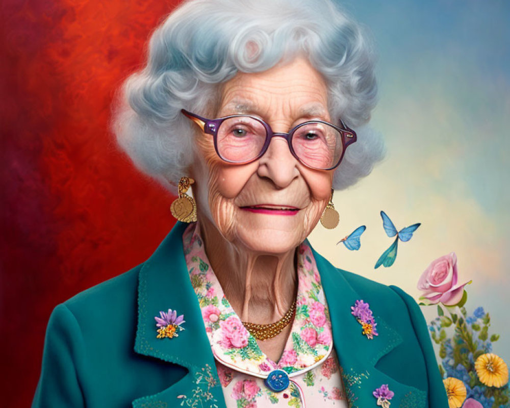 Elderly lady in teal jacket and floral blouse with white hair and glasses